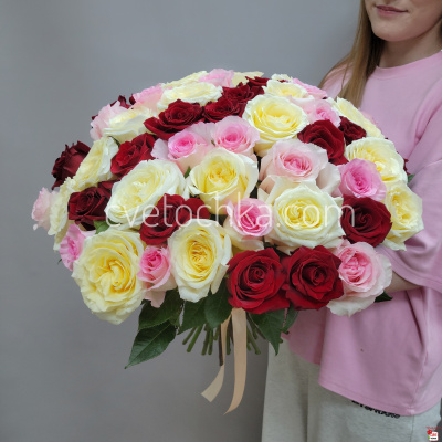 Букет из 51 розы Эквадор 50 см микс бордовых, нежно-розовых и сливочных роз с доставкой в Магнитогорске 
