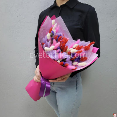 Букет сухоцветов с хлопком, лагурусом и фалярисом в яркой гамме с доставкой в Магнитогорске