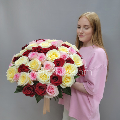 Букет из 51 розы Эквадор 50 см микс бордовых, нежно-розовых и сливочных роз